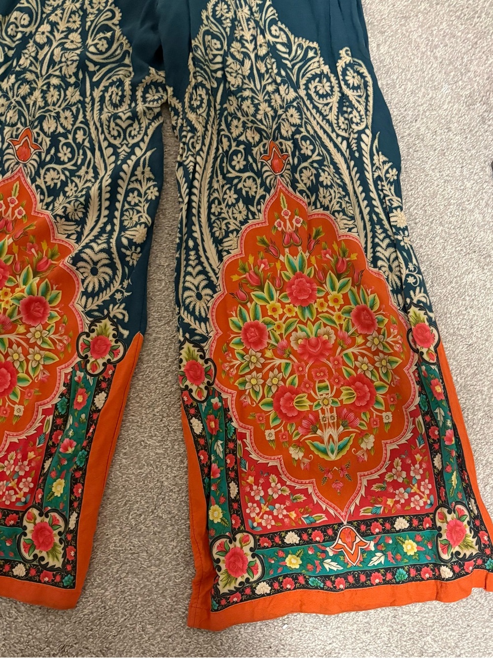 NATURAL LIFE Size Small Teal Wide-Leg Pants with Orange Floral Panels - Picture 3 of 5